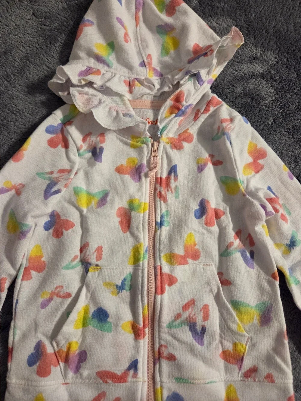 Cat & Jack White Girls' Hooded Zip Sweatshirt with Rainbow Butterfly Print